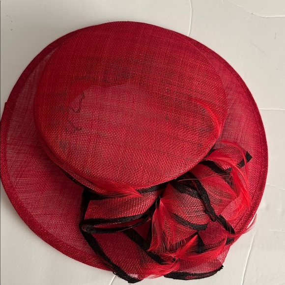 Angela & William Red Church Wedding Hat w Front Bow Feather main image 4